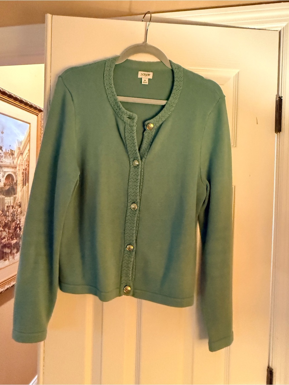 J. Crew Mint Green Braided-Trim Cardigan with Pearl Buttons